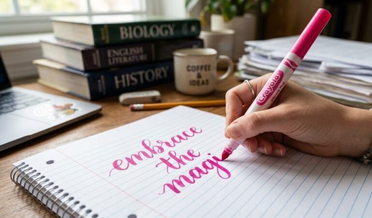 Mão de uma estudante fazendo caligrafia moderna em um caderno pautado usando uma canetinha rosa de ponta cônica.