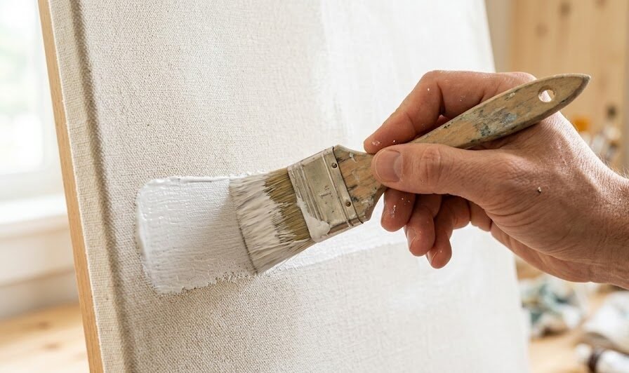 Mão de artista passando gesso acrílico branco com um pincel largo para preparar a textura de uma tela.