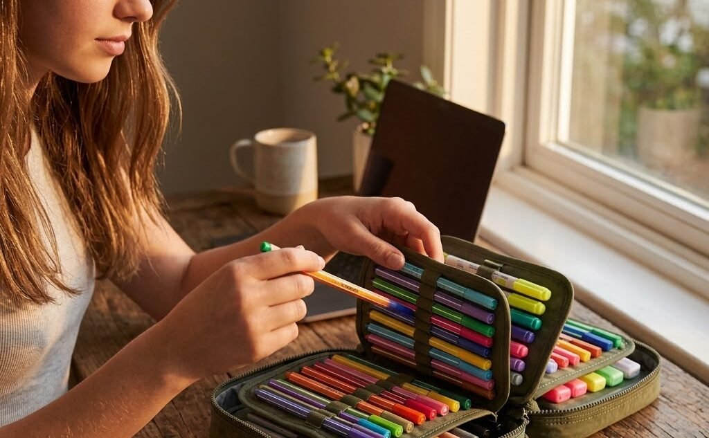Mãos de uma mulher retirando uma caneta colorida de um estojo grande e organizado cheio de elásticos.