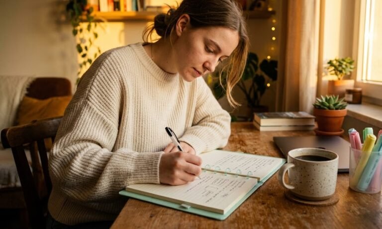 Estudante escrevendo em um caderno inteligente econômico de marca alternativa em sua mesa de estudos.