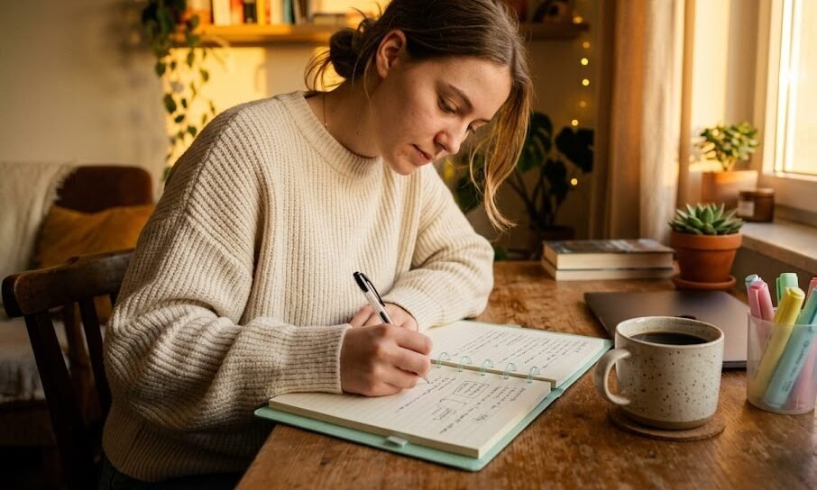 Estudante escrevendo em um caderno inteligente econômico de marca alternativa em sua mesa de estudos.