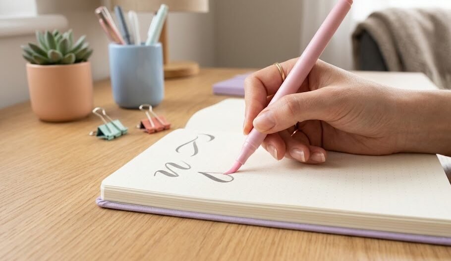 Como Fazer Lettering com Brush Pen: Mão de uma pessoa segurando uma brush pen rosa em um ângulo de 45 graus enquanto pratica traços básicos.