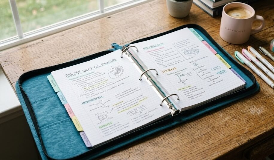 Fichário Kipling de nylon resistente aberto sobre a mesa de estudos mostrando anotações e divisórias coloridas.