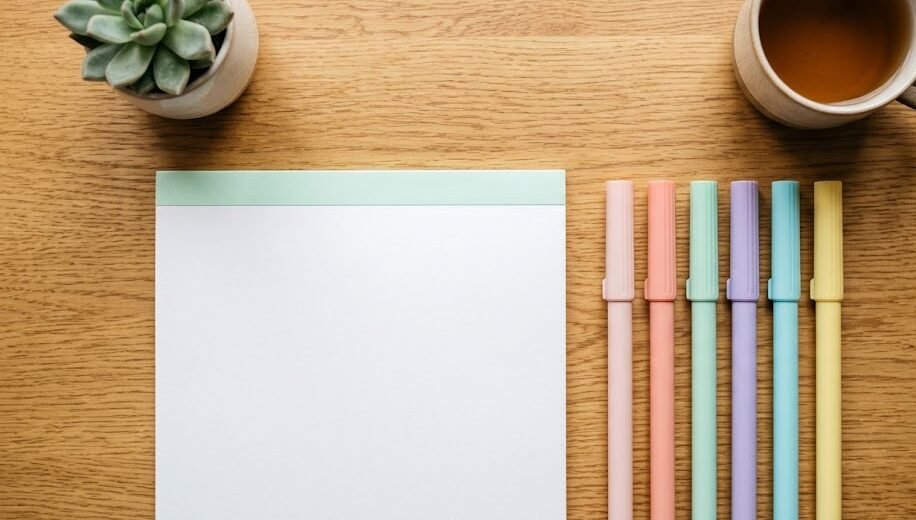 Estojo de brush pens coloridas abertas ao lado de um bloco de papel layout branco liso em uma mesa organizada.