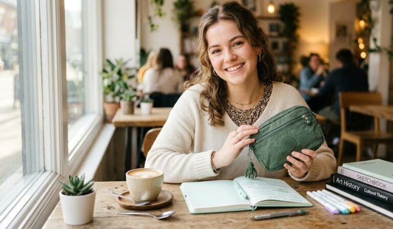 Jovem estudante sorrindo e segurando um estojo escolar de nylon na mesa de estudos.