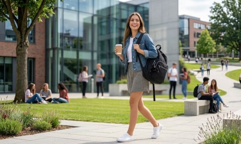 Estudante universitária sorridente caminhando no campus usando uma mochila preta clássica de nylon com chaveiro de macaco.