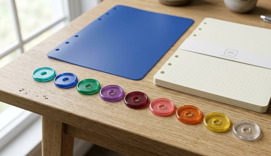 Peças avulsas de um caderno de discos prontas para serem montadas em casa: capa lisa, pacote de folhas e discos coloridos.