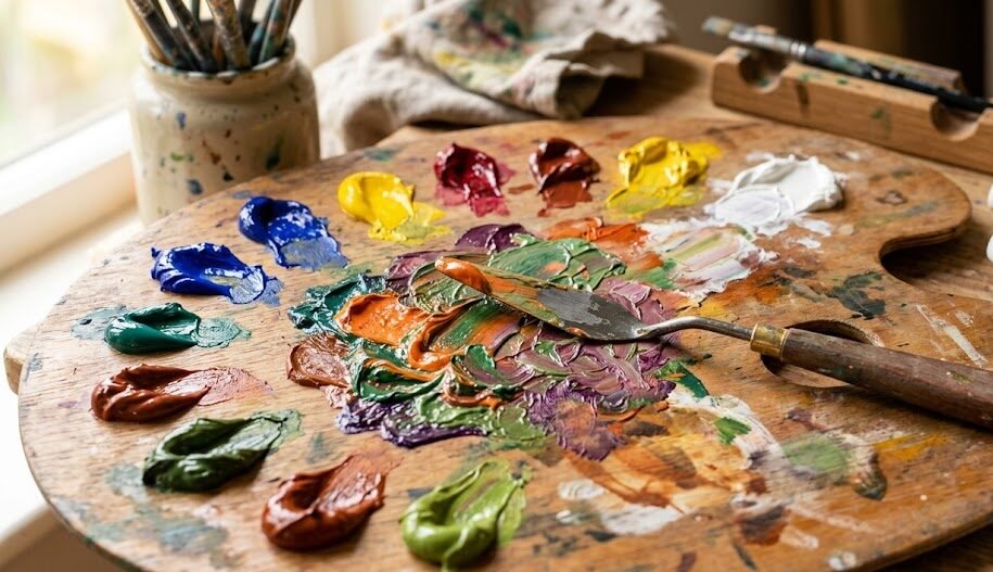 Paleta de madeira clássica de artista com montes de tinta a óleo colorida misturada por uma espátula.