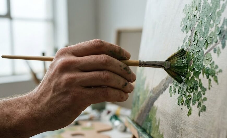 Pintura a Óleo Paisagem: Mão de artista usando um pincel leque para dar batidinhas de tinta verde na tela e fazer folhas.
