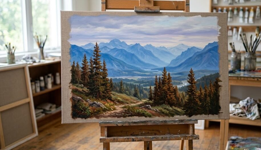 Tela com pintura a óleo de uma paisagem mostrando montanhas azuis ao fundo e pinheiros detalhados na frente.