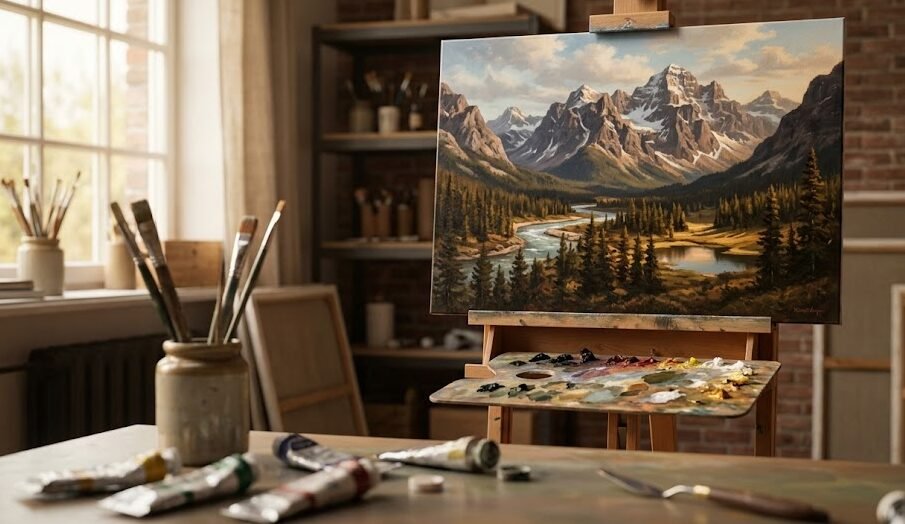 Lindo quadro de pintura a óleo de uma paisagem apoiado em um cavalete de madeira num ateliê.