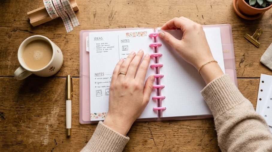 Mãos encaixando uma folha de refil pontilhada nova nos discos de um caderno inteligente pastel.