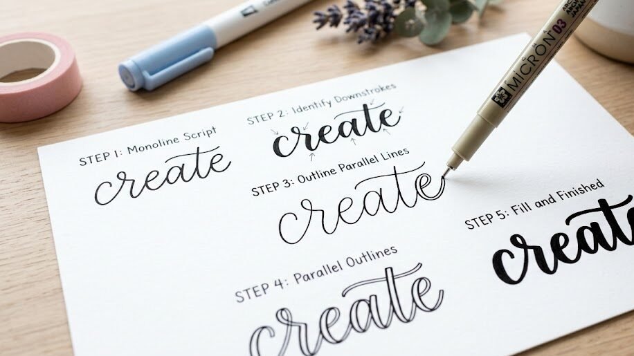 Como Fazer Lettering com Canetinha: Passo a passo do falso lettering sendo desenhado no papel com uma caneta de ponta fina, mostrando os traços duplos.