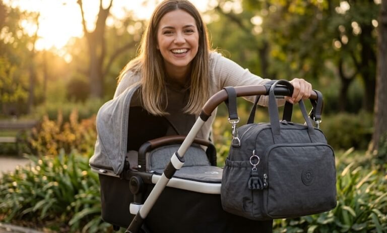 ovem mãe elegante em um parque com uma bolsa maternidade de nylon fixada no carrinho de bebê.