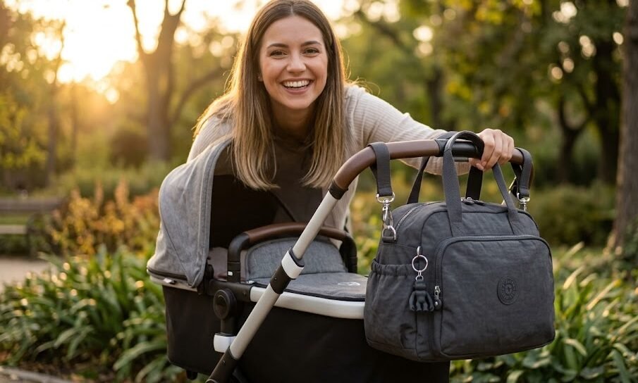 ovem mãe elegante em um parque com uma bolsa maternidade de nylon fixada no carrinho de bebê.