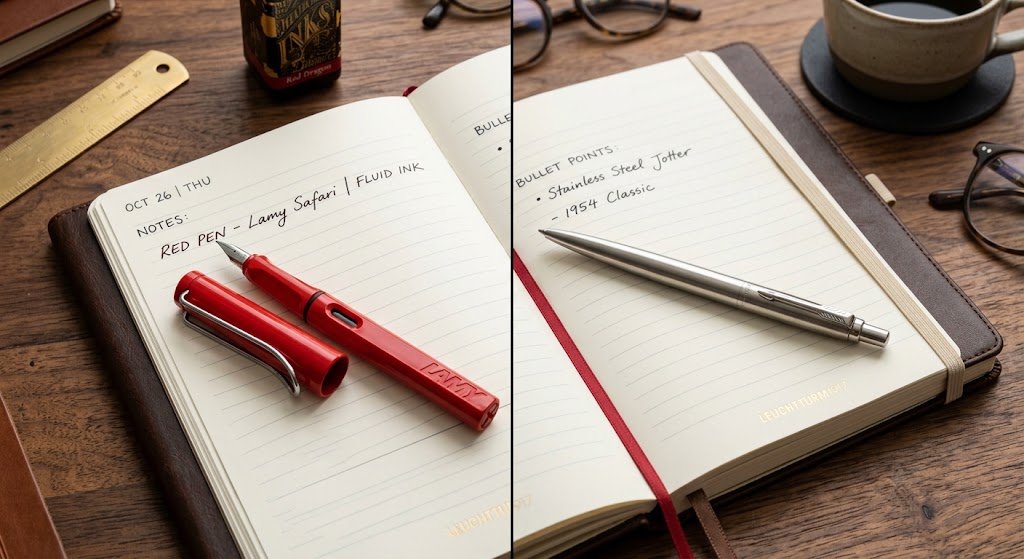 Caneta Lamy Safari vermelha e Parker Jotter de aço inoxidável lado a lado sobre um caderno de couro.