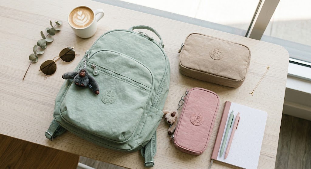 Coleção de mochilas, estojos e nécessaires da Kipling mostrando o clássico chaveiro de macaquinho em um visual estético.