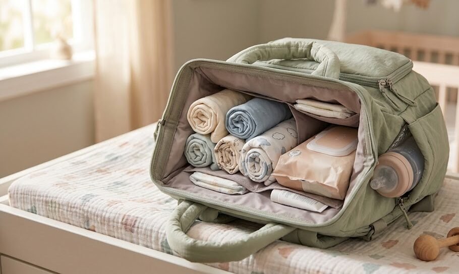 Mochila maternidade de nylon aberta sobre um trocador, mostrando roupinhas de bebê, fraldas e mamadeira organizadas.