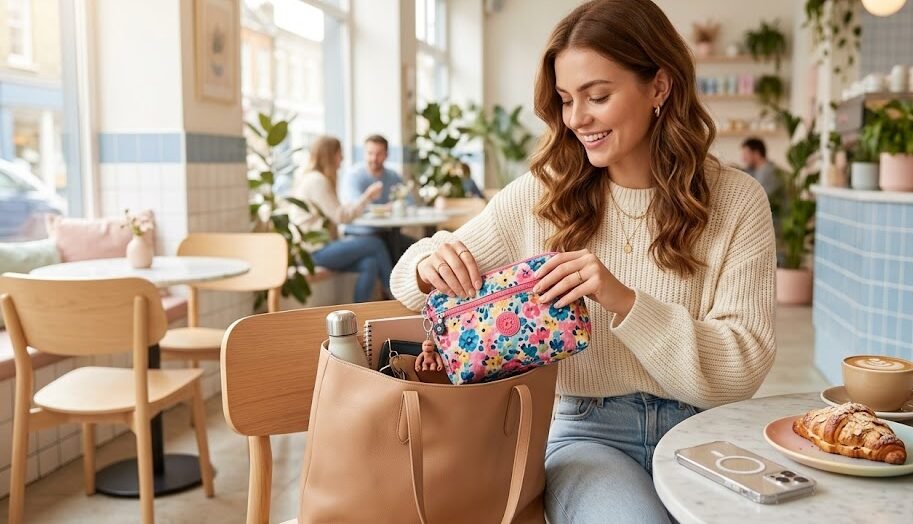 Jovem mulher sorridente em um café retirando sua nécessaire de nylon de dentro da bolsa para retocar a maquiagem.