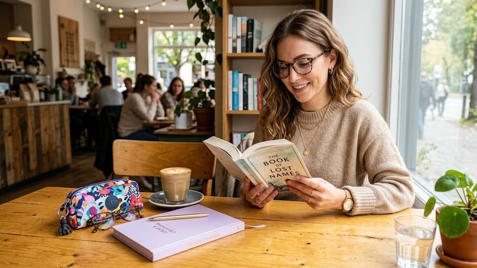 Mulher jovem e estilosa em um café usando uma armação de grau tartaruga da Kipling enquanto lê um livro.