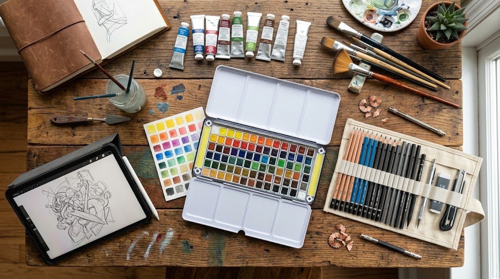 Materiais artísticos de pintura a óleo, aquarela, lápis e um tablet sobre uma mesa de madeira.