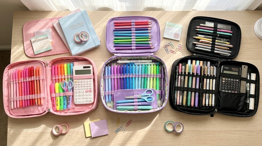 Três estojos escolares tipo box organizados com dezenas de canetas coloridas sobre uma mesa de estudos.