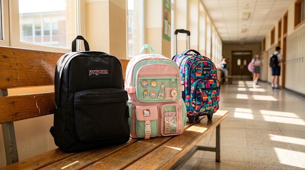 Três modelos diferentes de mochilas escolares femininas apoiadas em um banco no corredor de uma escola.
