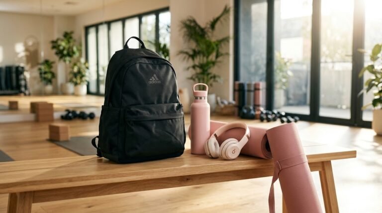 Mochila Adidas feminina preta apoiada em um banco de madeira ao lado de uma garrafa d'água rosa e tapete de yoga.