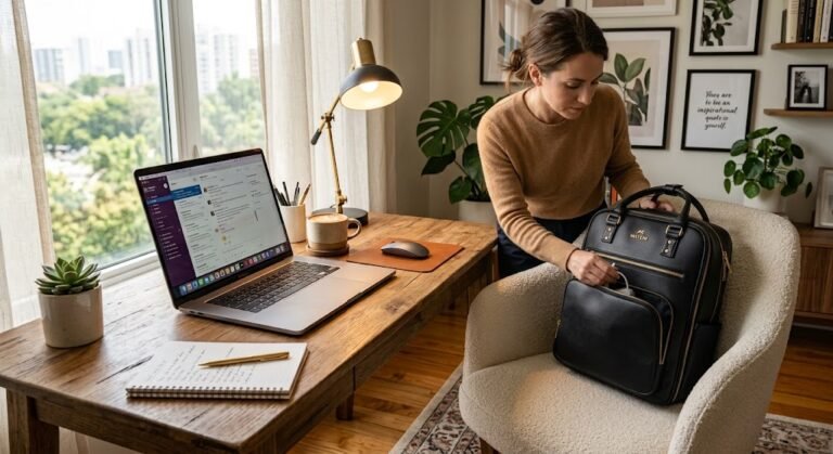 Mochila feminina de couro preto para notebook encostada em uma cadeira de escritório moderna.