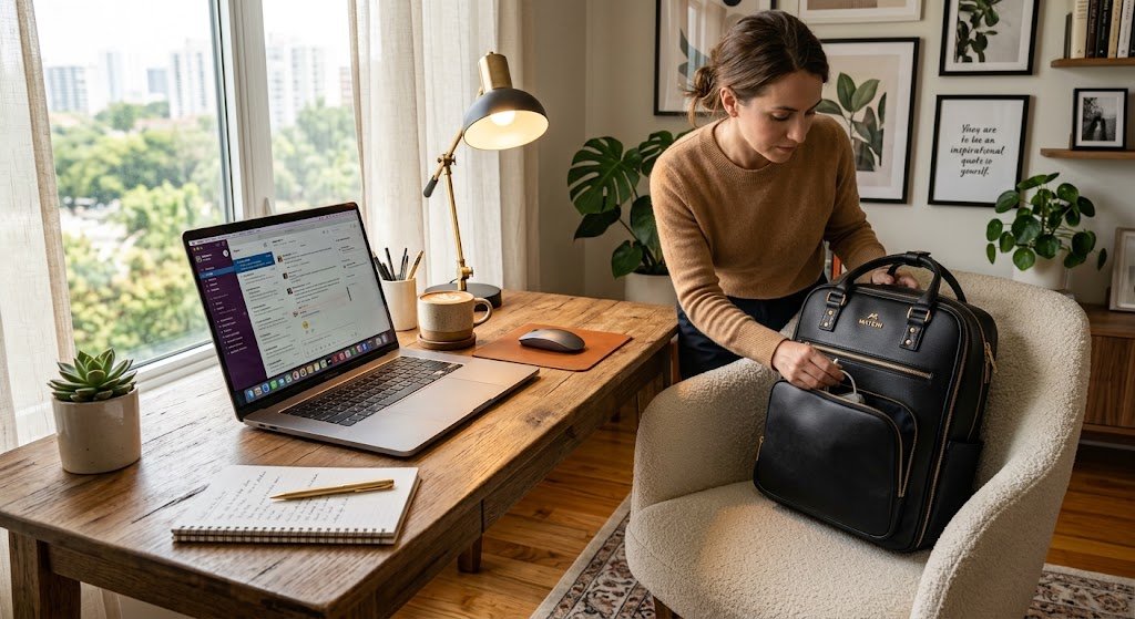 Mochila feminina de couro preto para notebook encostada em uma cadeira de escritório moderna.