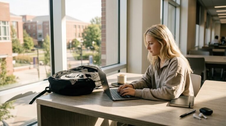 Mochila Nike preta apoiada em uma mesa de estudos ao lado de um notebook prateado e café.
