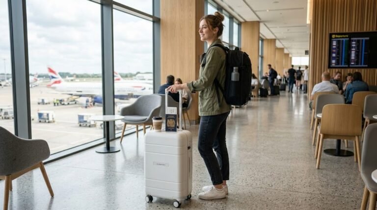 Mochila preta feminina multifuncional encostada em uma mala de rodinhas em um aeroporto.