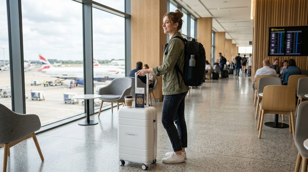 Mochila preta feminina multifuncional encostada em uma mala de rodinhas em um aeroporto.