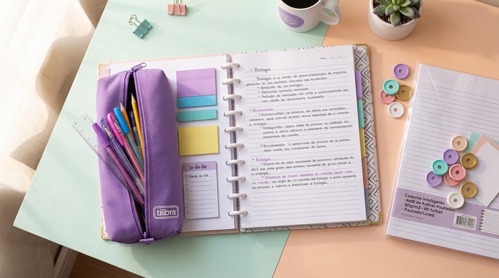 Caderno Inteligente aberto mostrando refis de folhas, discos coloridos soltos e um estojo encaixado nos discos.