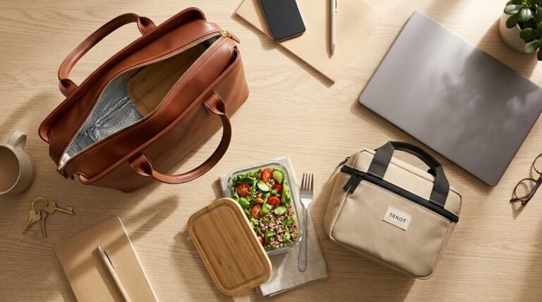 Bolsa térmica feminina executiva estilo tote bag ao lado de um notebook e potes de salada.