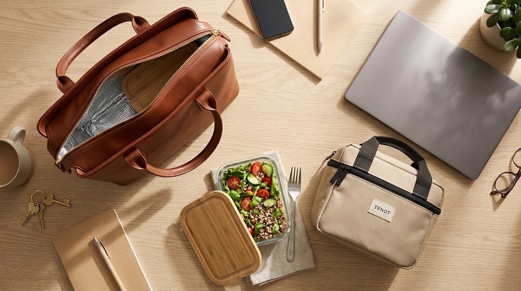 Bolsa térmica feminina executiva estilo tote bag ao lado de um notebook e potes de salada.