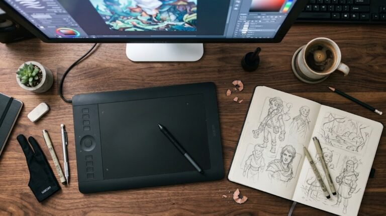 Mesa digitalizadora para iniciantes da Wacom em uma mesa de trabalho de ilustrador.