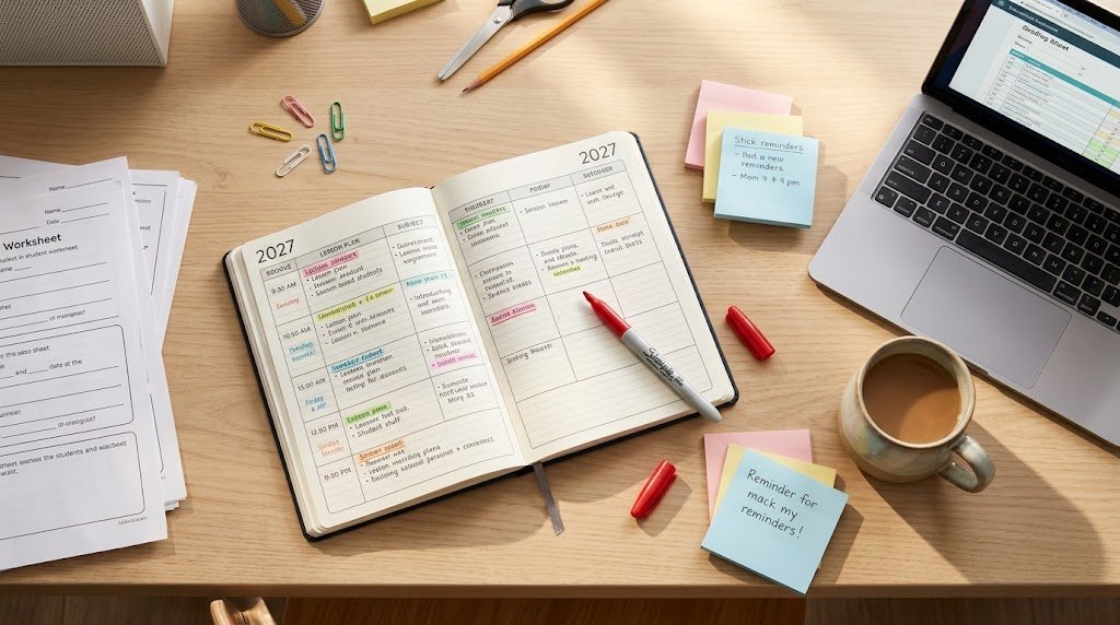 Planner para professores 2027 aberto na mesa com canetas e notas adesivas.