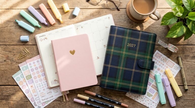O melhor planner sem data feminino ao lado de um planner executivo de couro xadrez.