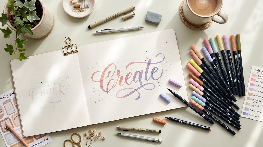 As melhores brush pens para iniciantes ao lado de um caderno com lettering desenhado.