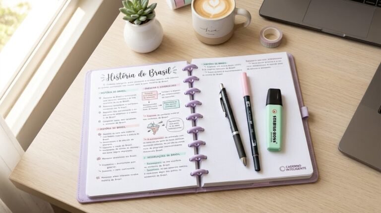 Caderno inteligente aberto com anotações e canetas Pentel, Stabilo e Tombow por cima.