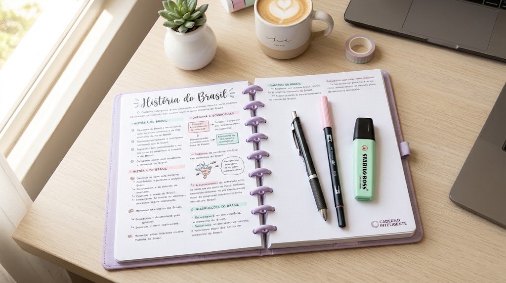 Caderno inteligente aberto com anotações e canetas Pentel, Stabilo e Tombow por cima.