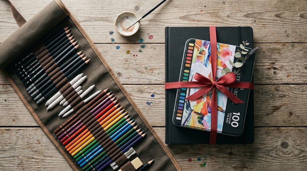 Kit de desenho, aquarela e sketchbook de capa dura amarrados como presente para quem gosta de desenhar.